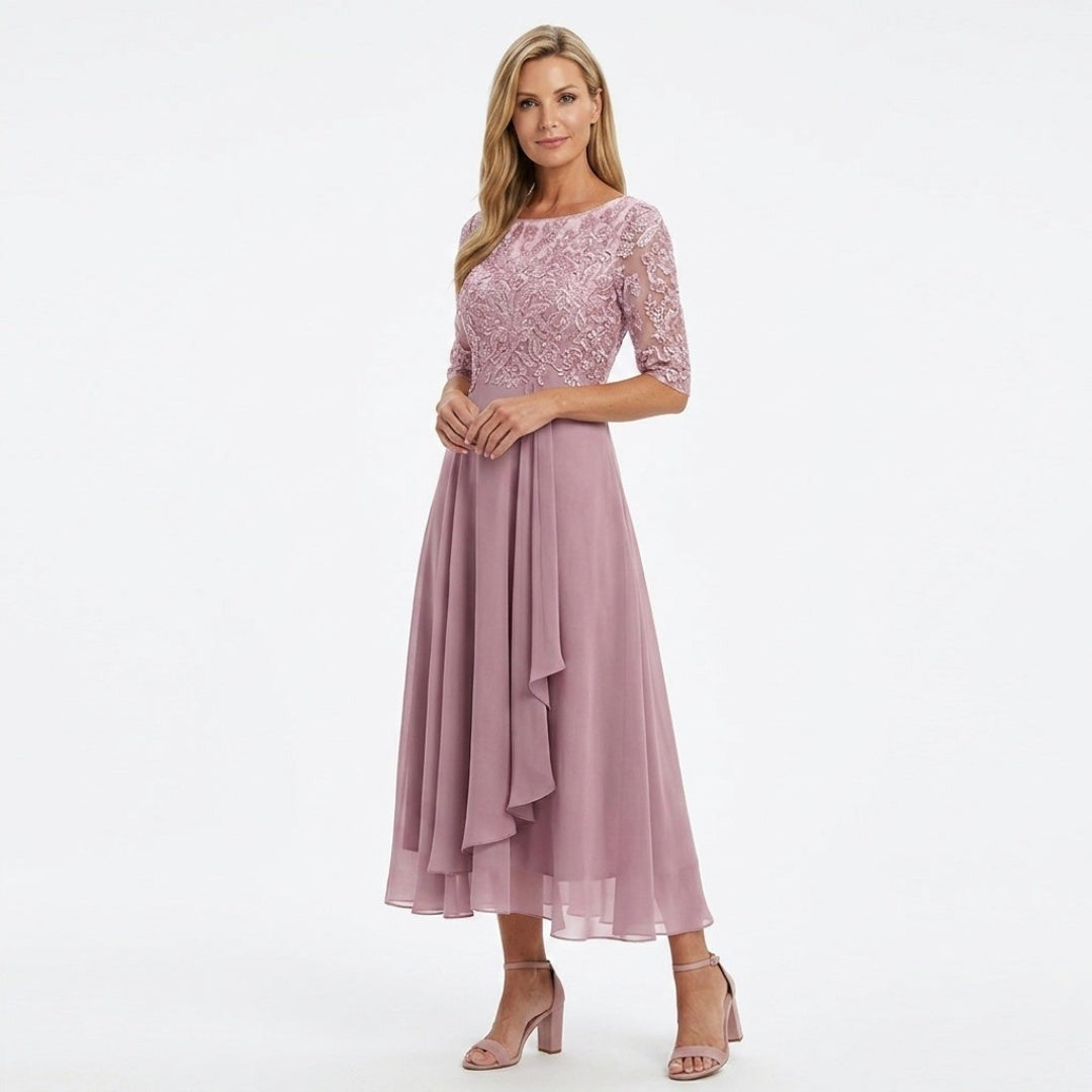 Women's Wedding Guest Midi Dress with Pockets and 3/4 Sleeves