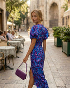 Women's Wedding Guest Midi Dress with Puff Sleeve