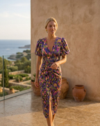 Women's Wedding Guest Midi Dress with Puff Sleeve
