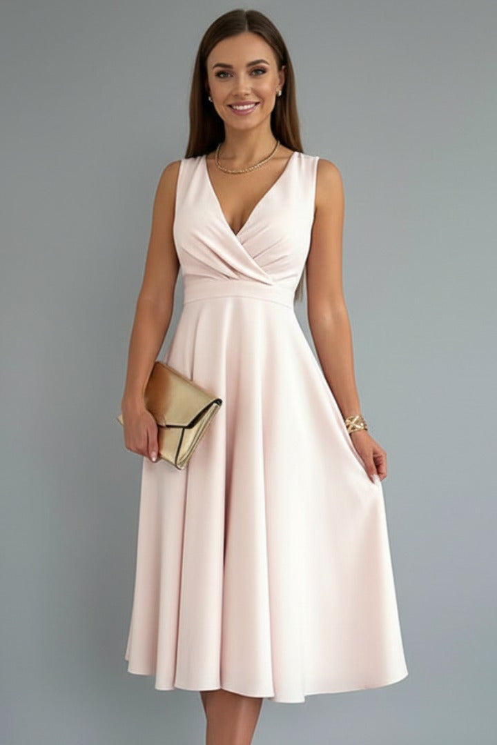Women's Wedding Guest Midi Dress with V-Neck