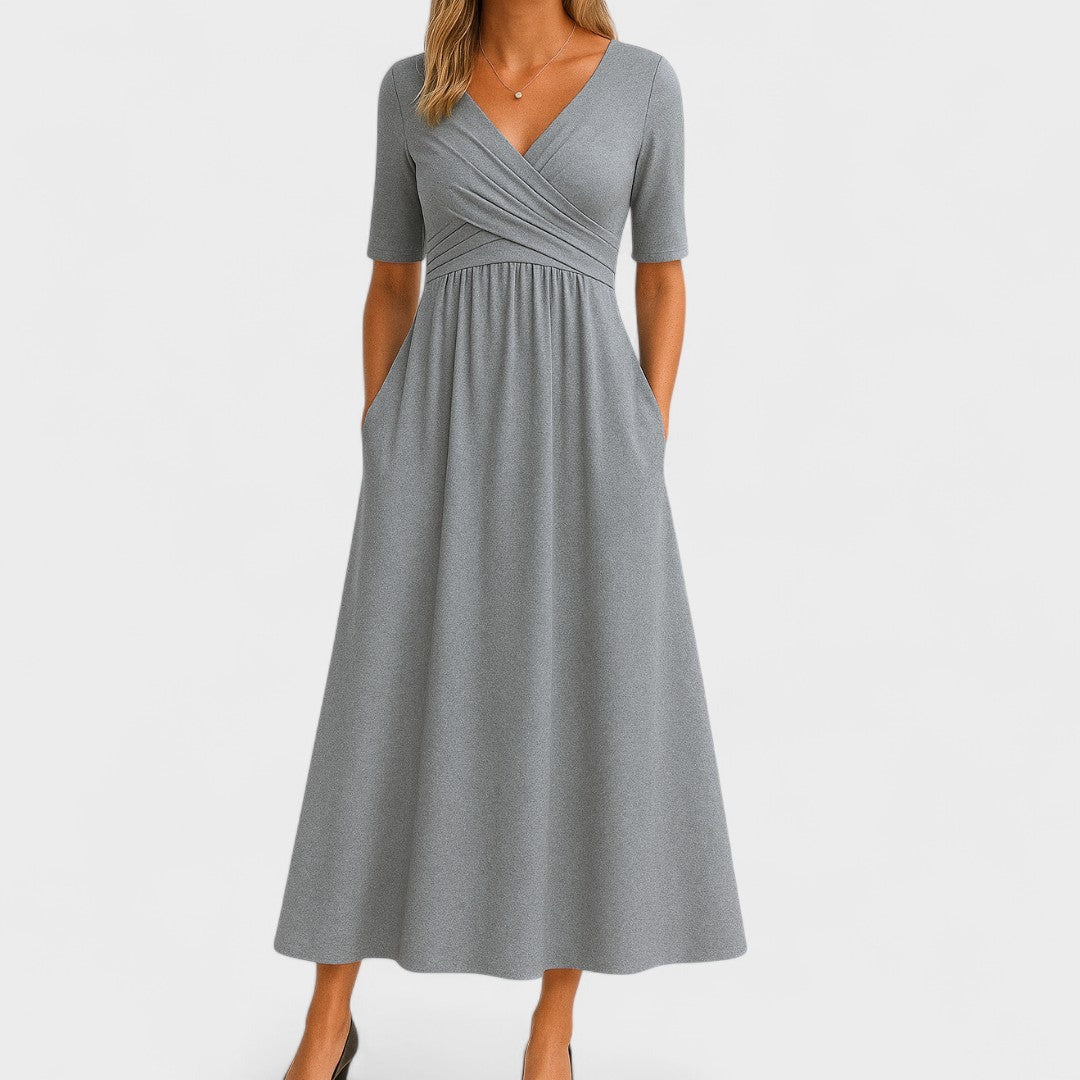 Women's Wedding Guest Midi Dress with V-Neck and Pockets