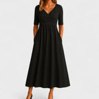 Women's Wedding Guest Midi Dress with V-Neck and Pockets