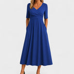 Women's Wedding Guest Midi Dress with V-Neck and Pockets