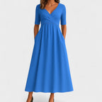 Women's Wedding Guest Midi Dress with V-Neck and Pockets