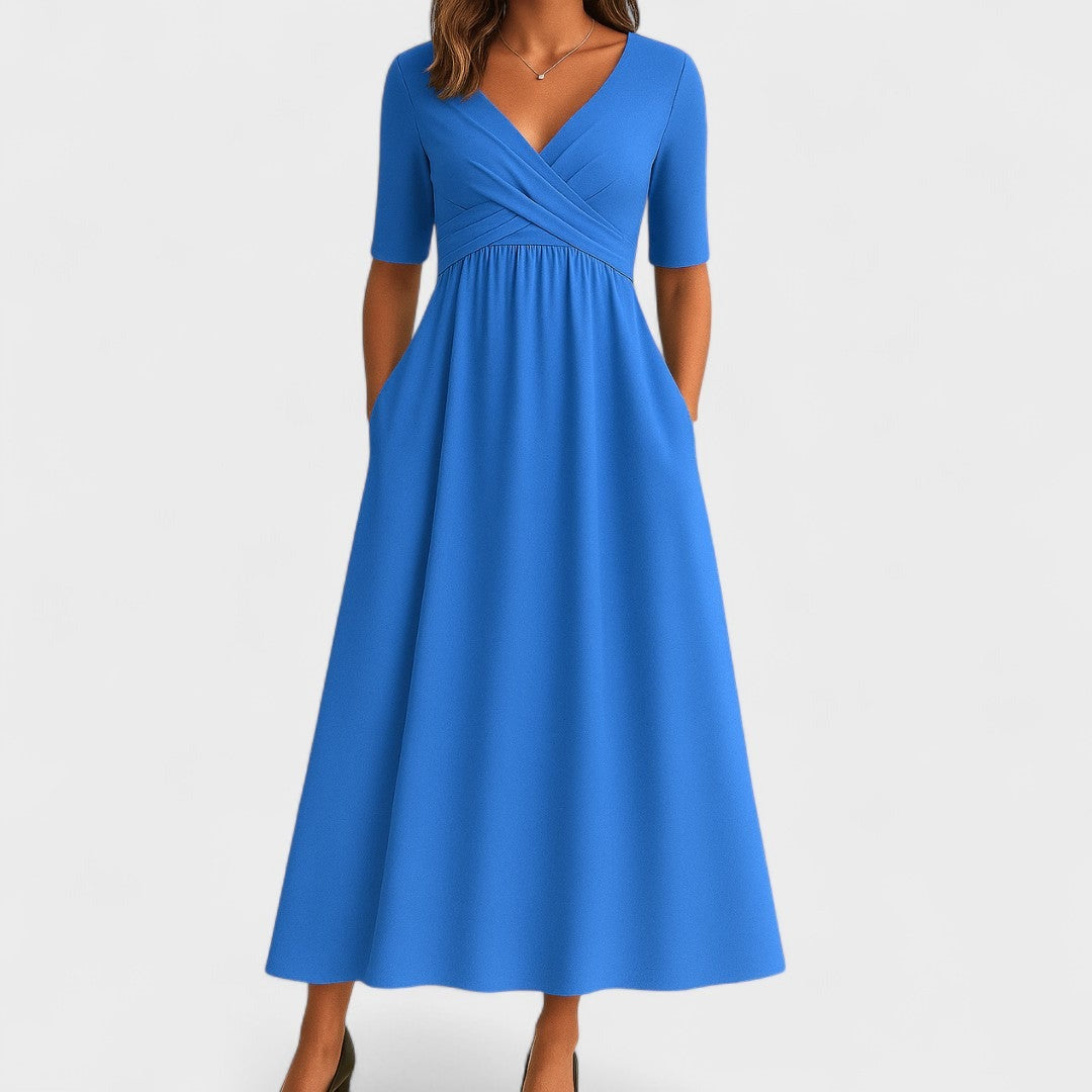 Women's Wedding Guest Midi Dress with V-Neck and Pockets