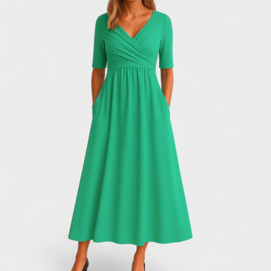 Women's Wedding Guest Midi Dress with V-Neck and Pockets