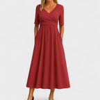 Women's Wedding Guest Midi Dress with V-Neck and Pockets