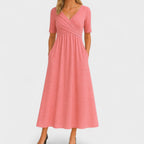 Women's Wedding Guest Midi Dress with V-Neck and Pockets