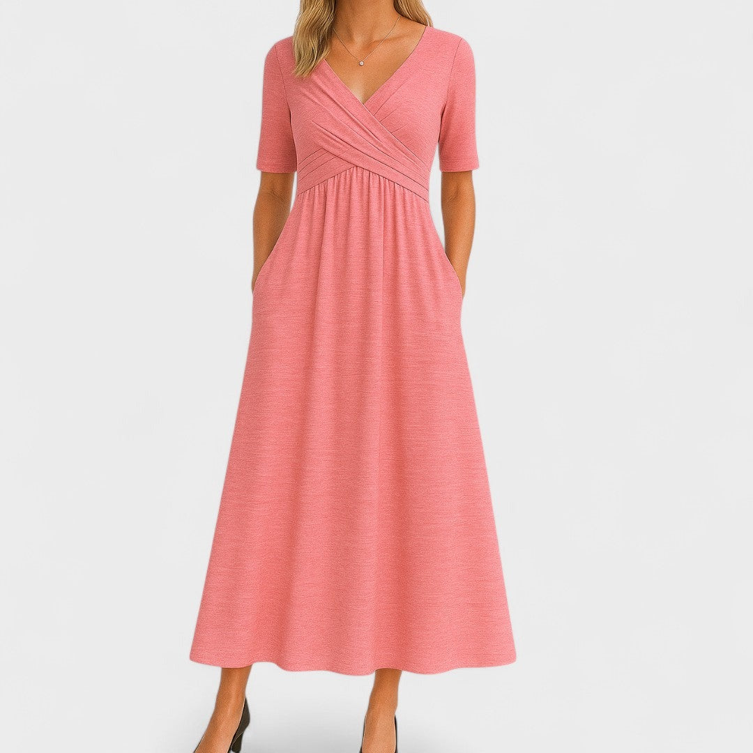 Women's Wedding Guest Midi Dress with V-Neck and Pockets