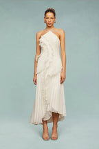 Women's Wedding Guest Pleated Maxi Dress with Halter Neck and Open Back