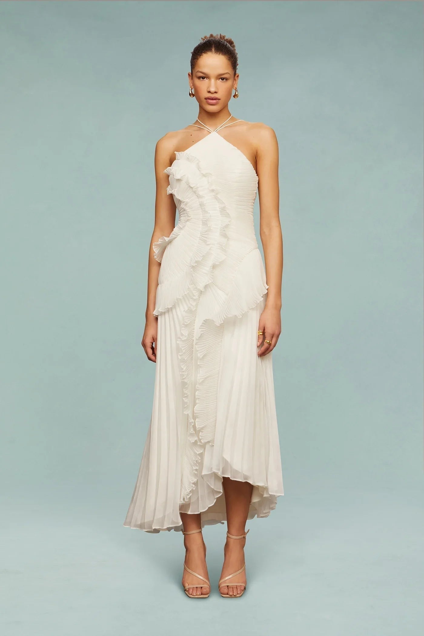 Women's Wedding Guest Pleated Maxi Dress with Halter Neck and Open Back