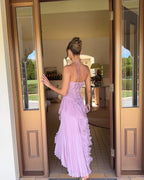 Women's Wedding Guest Pleated Maxi Dress with Halter Neck and Open Back