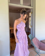 Women's Wedding Guest Pleated Maxi Dress with Halter Neck and Open Back