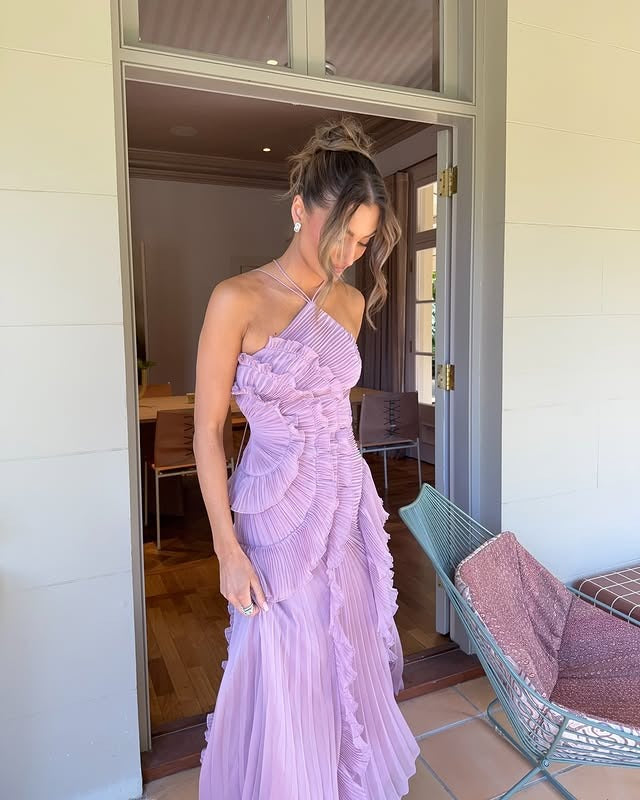 Women's Wedding Guest Pleated Maxi Dress with Halter Neck and Open Back