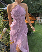 Women's Wedding Guest Pleated Maxi Dress with Halter Neck and Open Back