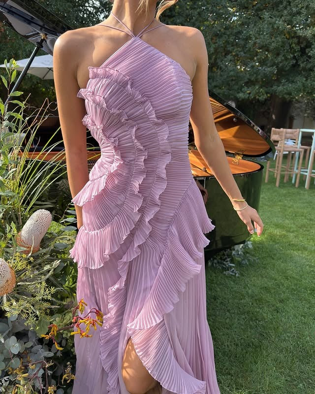 Women's Wedding Guest Pleated Maxi Dress with Halter Neck and Open Back