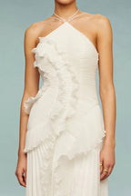 Women's Wedding Guest Pleated Maxi Dress with Halter Neck and Open Back