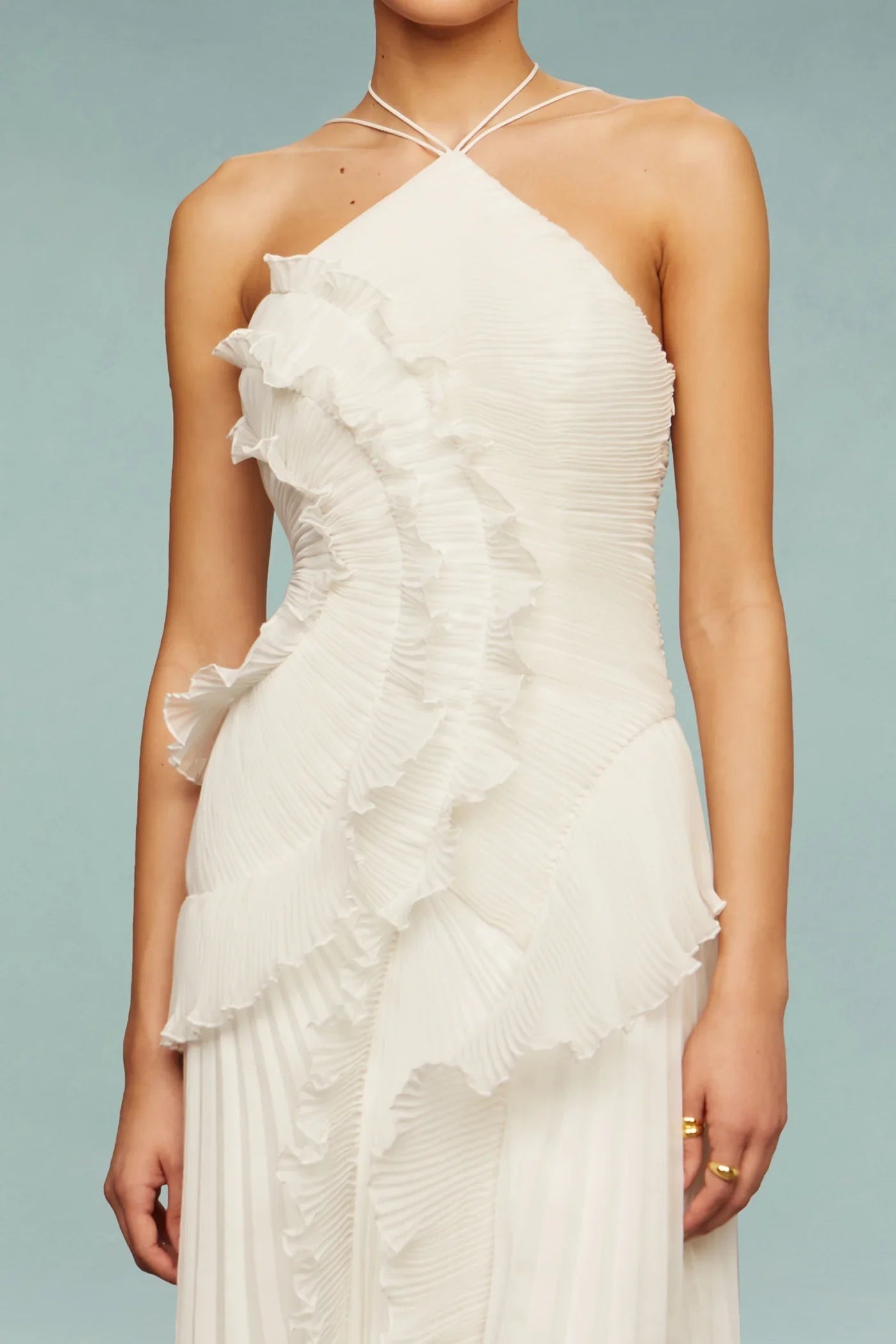 Women's Wedding Guest Pleated Maxi Dress with Halter Neck and Open Back