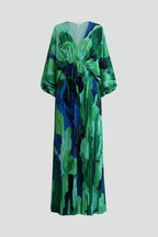 Women's Wedding Guest Pleated Maxi Dress with V-Neck and Front Slit