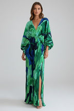Women's Wedding Guest Pleated Maxi Dress with V-Neck and Front Slit