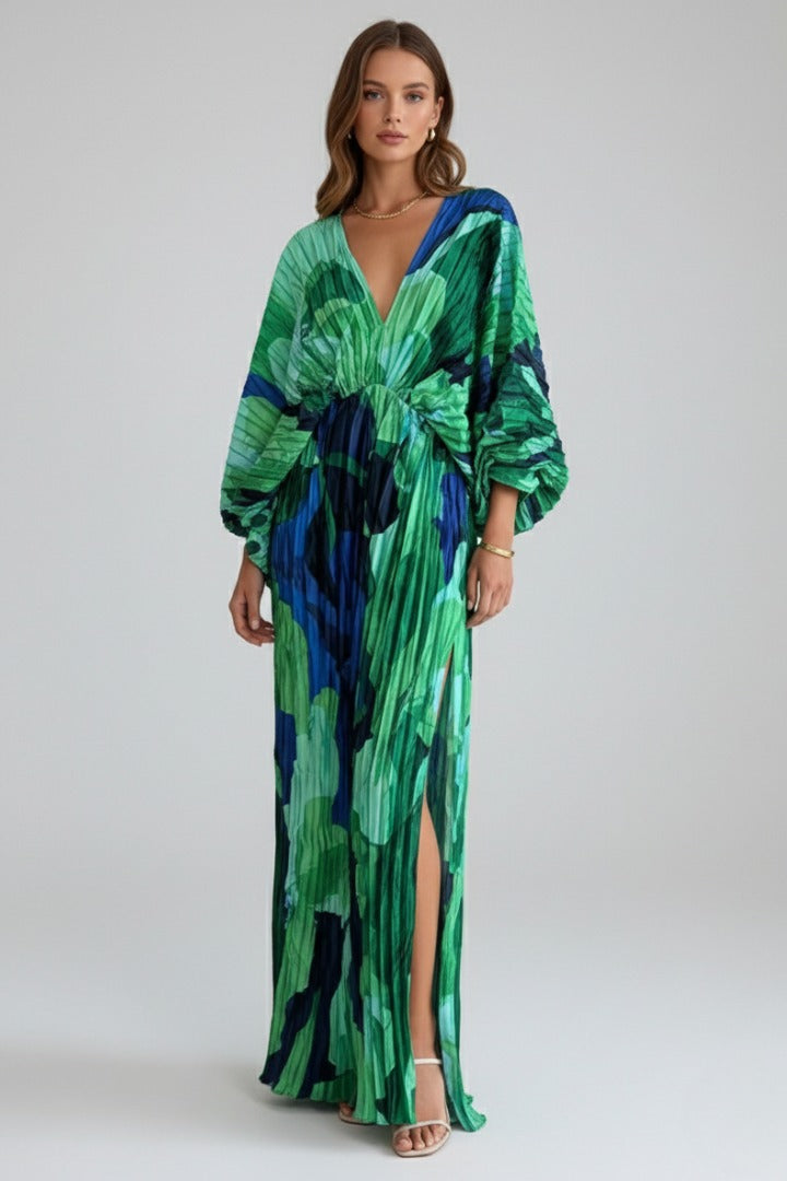 Women's Wedding Guest Pleated Maxi Dress with V-Neck and Front Slit
