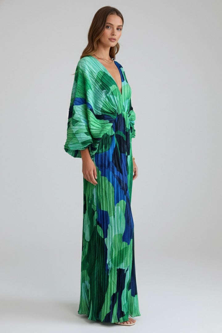 Women's Wedding Guest Pleated Maxi Dress with V-Neck and Front Slit