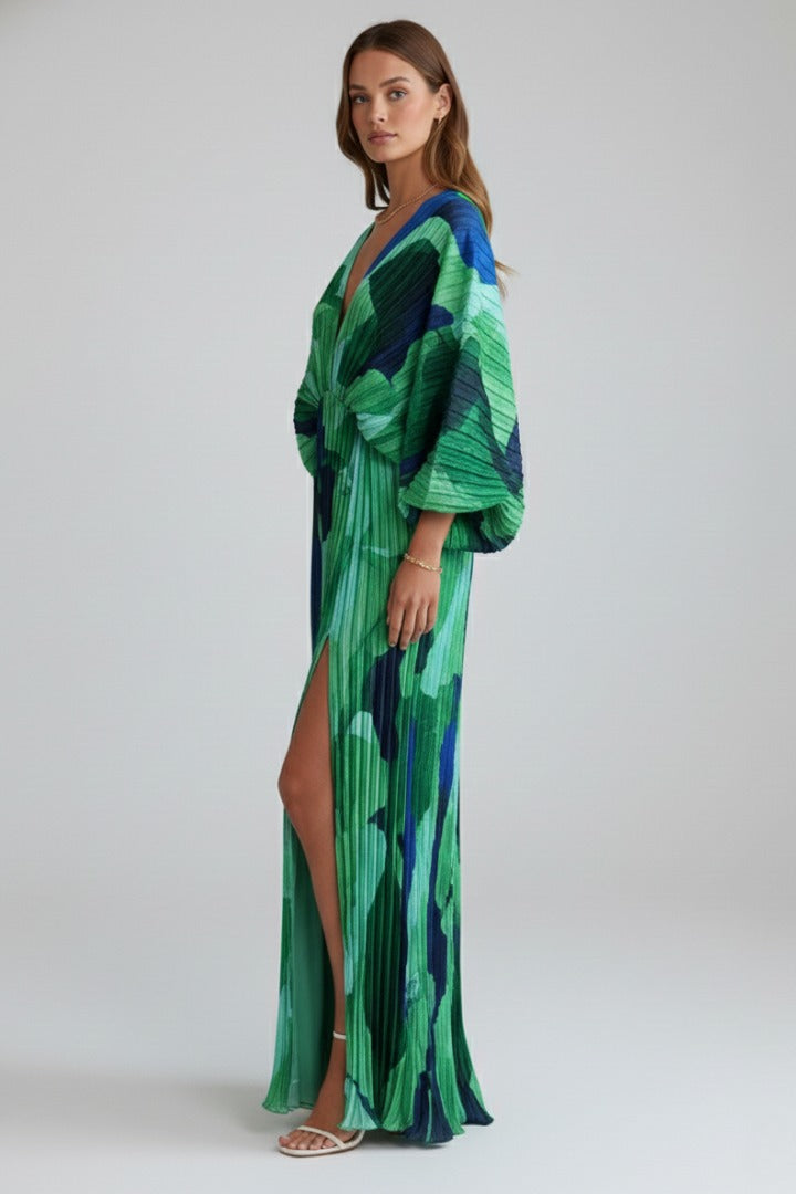 Women's Wedding Guest Pleated Maxi Dress with V-Neck and Front Slit