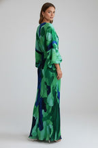 Women's Wedding Guest Pleated Maxi Dress with V-Neck and Front Slit
