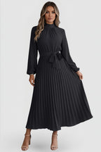 Women's Wedding Guest Pleated Midi Dress with Long Sleeve