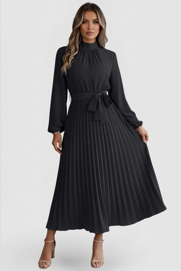 Women's Wedding Guest Pleated Midi Dress with Long Sleeve