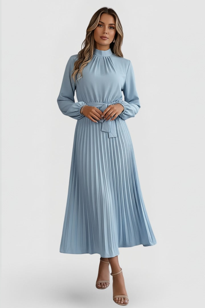 Women's Wedding Guest Pleated Midi Dress with Long Sleeve