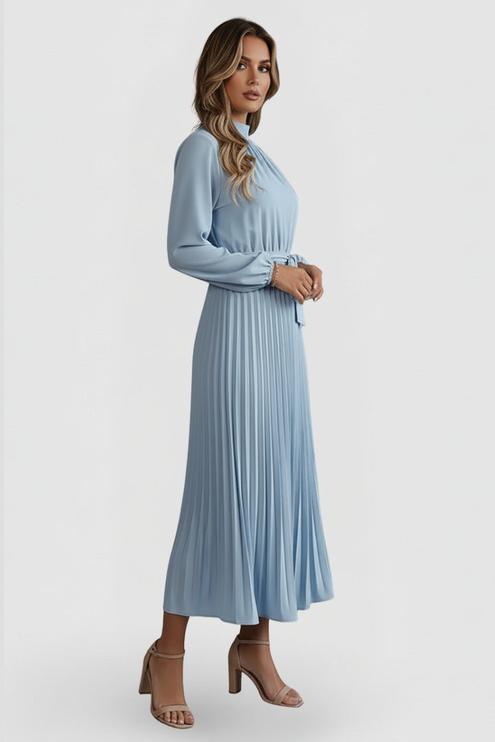 Women's Wedding Guest Pleated Midi Dress with Long Sleeve