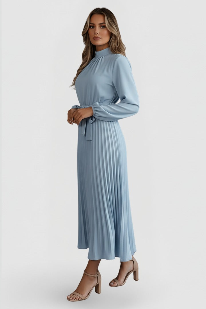 Women's Wedding Guest Pleated Midi Dress with Long Sleeve