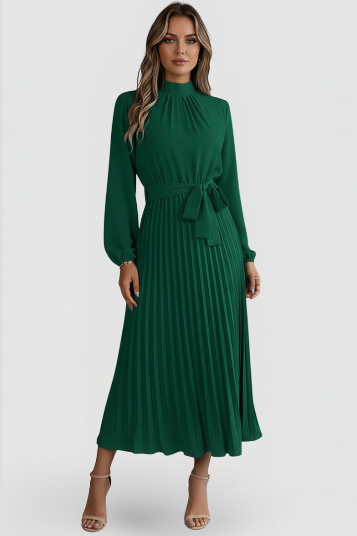 Women's Wedding Guest Pleated Midi Dress with Long Sleeve