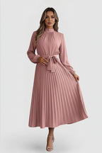 Women's Wedding Guest Pleated Midi Dress with Long Sleeve