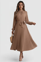 Women's Wedding Guest Pleated Midi Dress with Long Sleeve