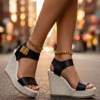 Women's Wedge Platform Sandals with Gold Buckle Ankle Strap