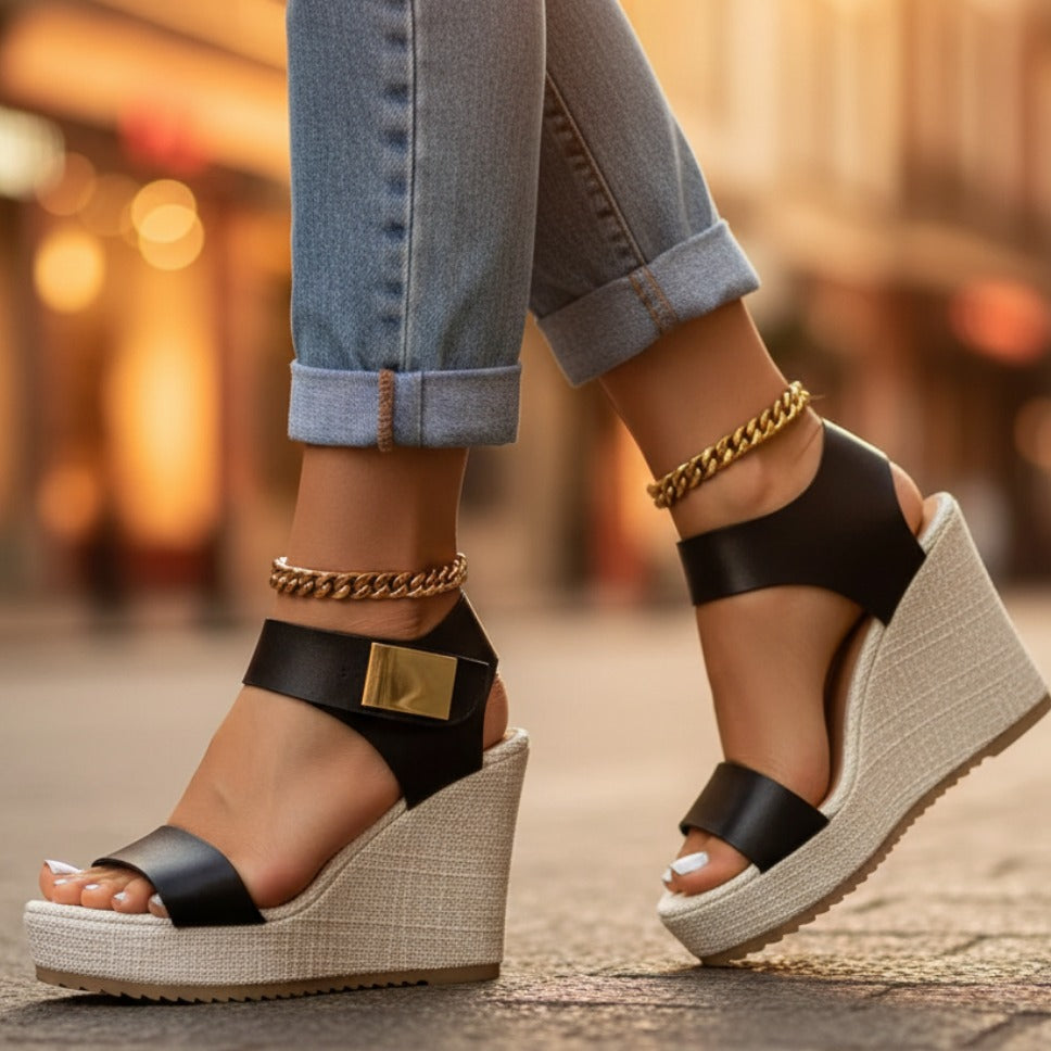 Women's Wedge Platform Sandals with Gold Buckle Ankle Strap