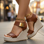 Women's Wedge Platform Sandals with Gold Buckle Ankle Strap