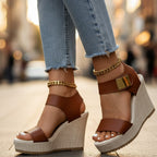 Women's Wedge Platform Sandals with Gold Buckle Ankle Strap
