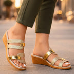 Women's Wedge Slip On Sandals with Gold Hardware