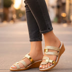 Women's Wedge Slip On Sandals with Gold Hardware
