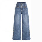 Women's Wide Leg High Waisted Jeans with Button Hem Slit