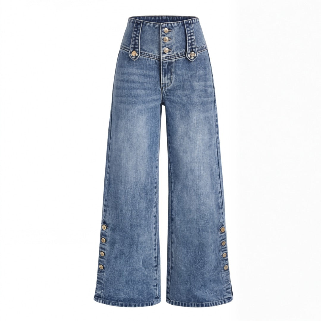 Women's Wide Leg High Waisted Jeans with Button Hem Slit