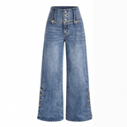 Women's Wide Leg High Waisted Jeans with Button Hem Slit