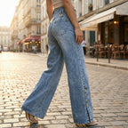 Women's Wide Leg High Waisted Jeans with Button Hem Slit