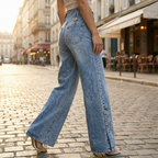 Women's Wide Leg High Waisted Jeans with Button Hem Slit