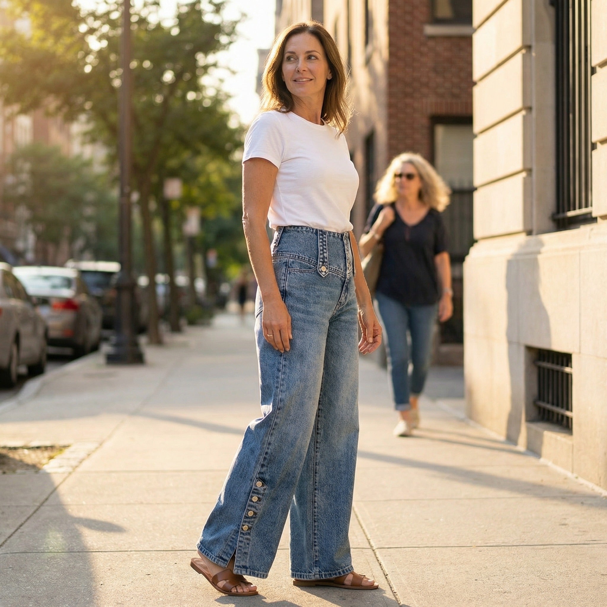 Women's Wide Leg High Waisted Jeans with Button Hem Slit