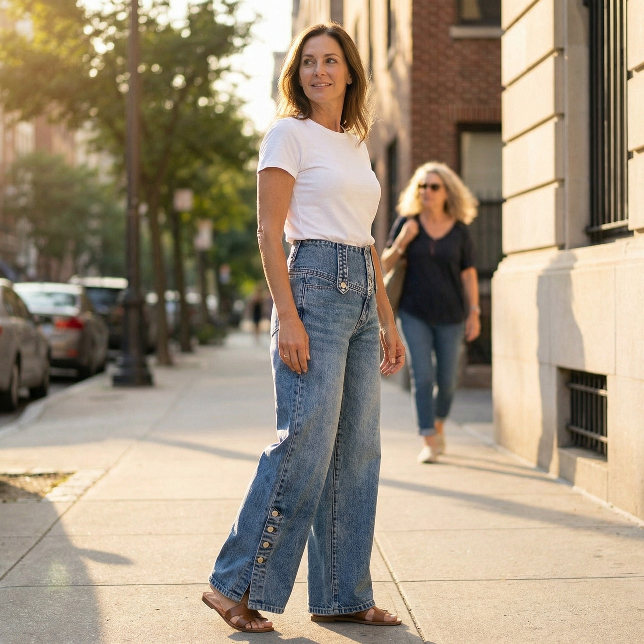 Women's Wide Leg High Waisted Jeans with Button Hem Slit