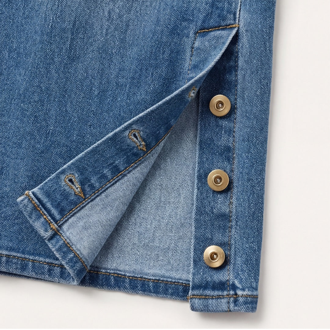 Women's Wide Leg High Waisted Jeans with Button Hem Slit
